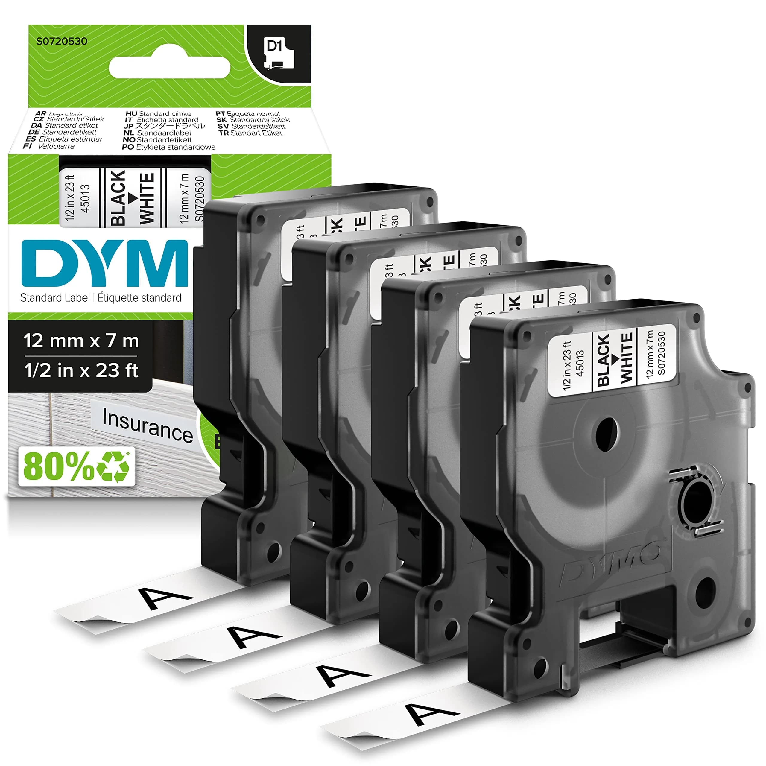 DYMO D1 Labels for LabelManager & LabelWriter Duo, 1/2-Inch x 23-Foot Rolls, Black Print on White, Self-Adhesive, Pack of 4 - main product image