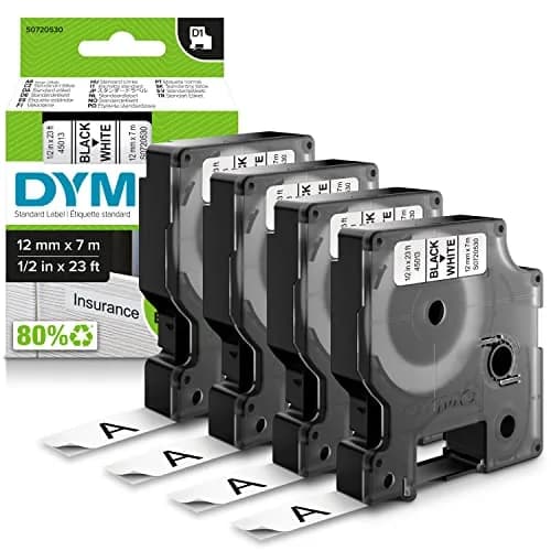DYMO D1 Labels for LabelManager & LabelWriter Duo, 1/2-Inch x 23-Foot Rolls, Black Print on White, Self-Adhesive, Pack of 4 thumbnail 1