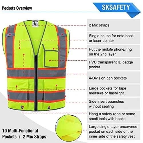 SKSAFETY High Visibility Safety Vest with Zipper, Class 2 ANSI/ISEA Standard, 5XL Lime thumbnail 5