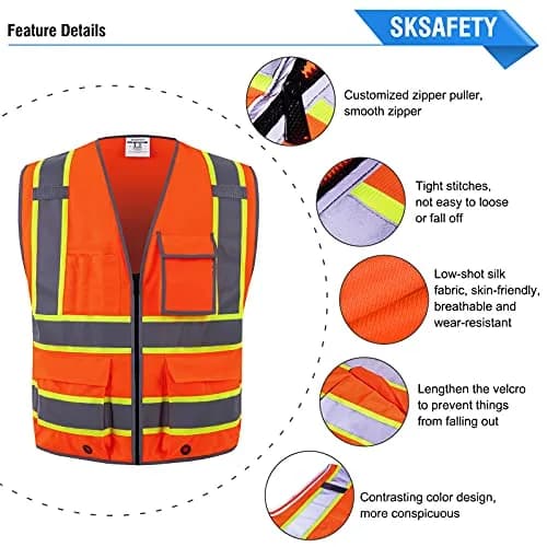 SKSAFETY Orange Class 2 High Visibility Safety Vest with Zipper & 10 Pockets | ANSI/ISEA Standard, 0.27 kg (0.5 lb) thumbnail 5