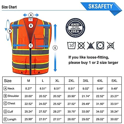 SKSAFETY Orange Class 2 High Visibility Safety Vest with Zipper & 10 Pockets | ANSI/ISEA Standard, 0.27 kg (0.5 lb) thumbnail 7