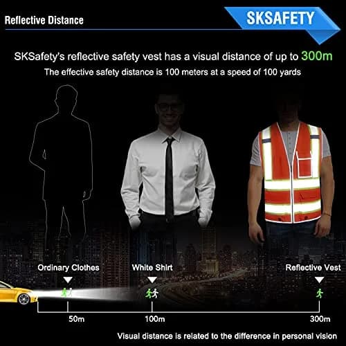 SKSAFETY Orange Class 2 High Visibility Safety Vest with Zipper & 10 Pockets | ANSI/ISEA Standard, 0.27 kg (0.5 lb) thumbnail 3
