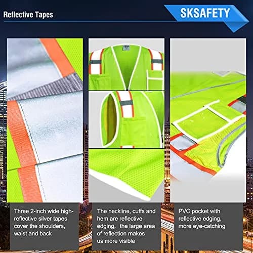 SKSAFETY High Visibility Safety Vest with Zipper and Reflective Strips, Class 2 ANSI/ISEA Standard, 5XL Lime thumbnail 4