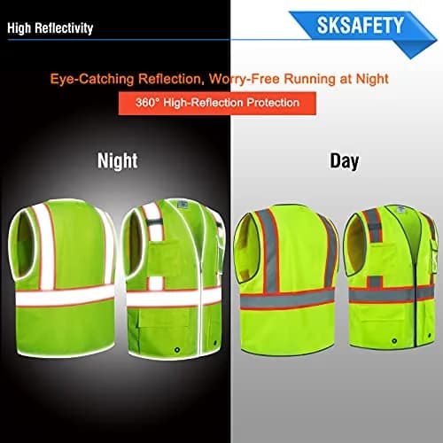 SKSAFETY High Visibility Safety Vest with Zipper and Reflective Strips, Class 2 ANSI/ISEA Standard, 5XL Lime thumbnail 2