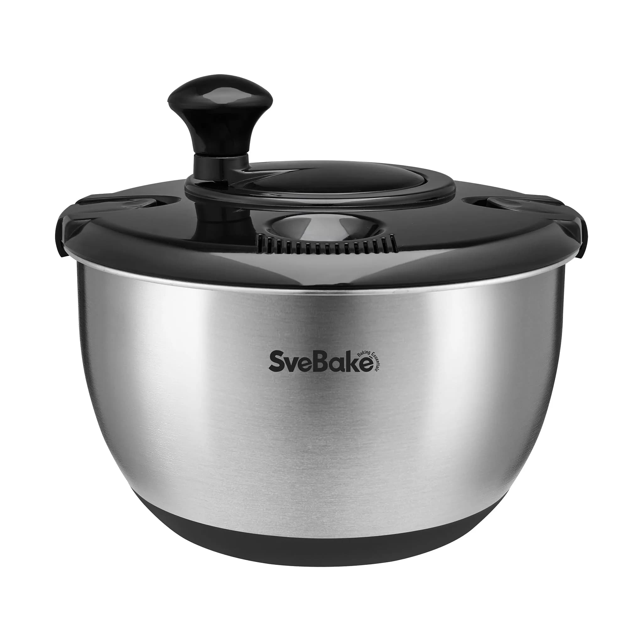 SveBake Stainless Steel Salad Spinner 4.8 Qt | Easy Clean Crank Design with Non-Slip Base — Black Lid