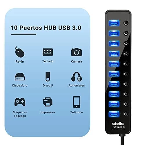 atolla Powered USB 3.0 Hub 10 Ports | High-Speed Data Transfer & Individual ON/OFF Switches thumbnail 2