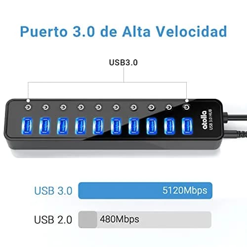 atolla Powered USB 3.0 Hub 10 Ports | High-Speed Data Transfer & Individual ON/OFF Switches thumbnail 3