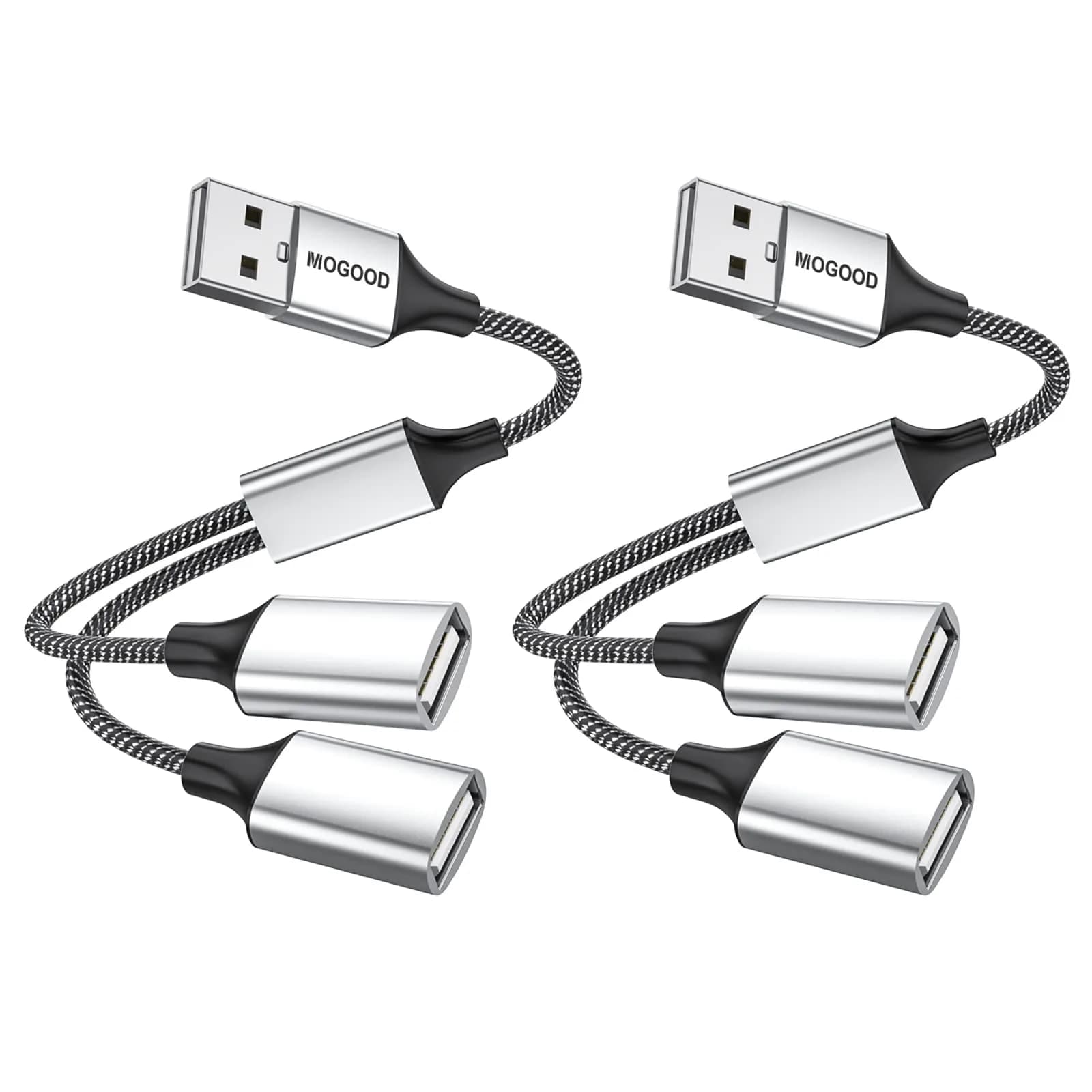 MOGOOD USB Splitter 1-to-2 Y-Cable, 2-Pack Silver | Expands USB-A Port for Data & Charging - main product image