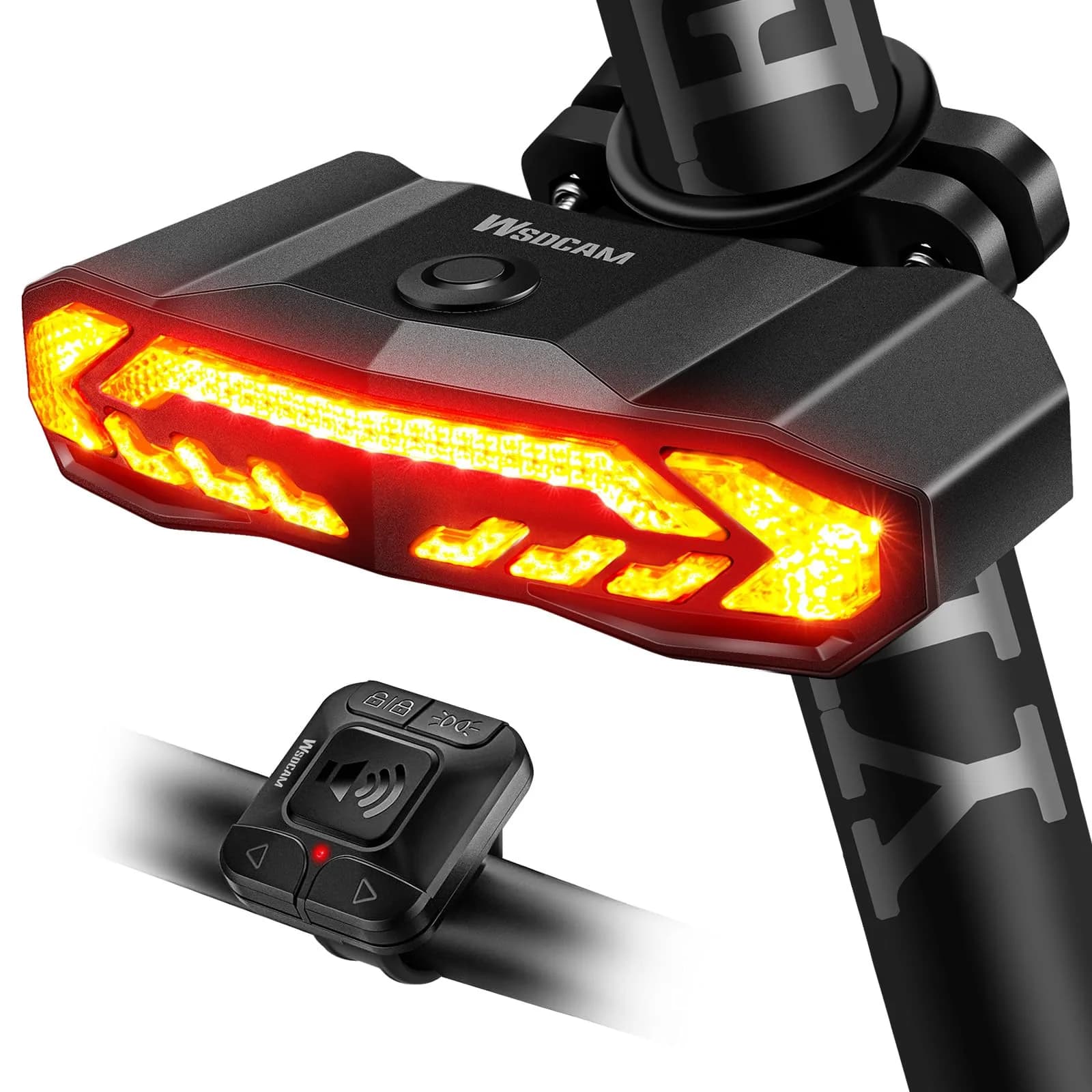 wsdcam Smart Bike Tail Light with Turn Signals, Brake Light, Alarm & Horn - 160 Lumens | USB Rechargeable, IP54 Waterproof — Square Remote