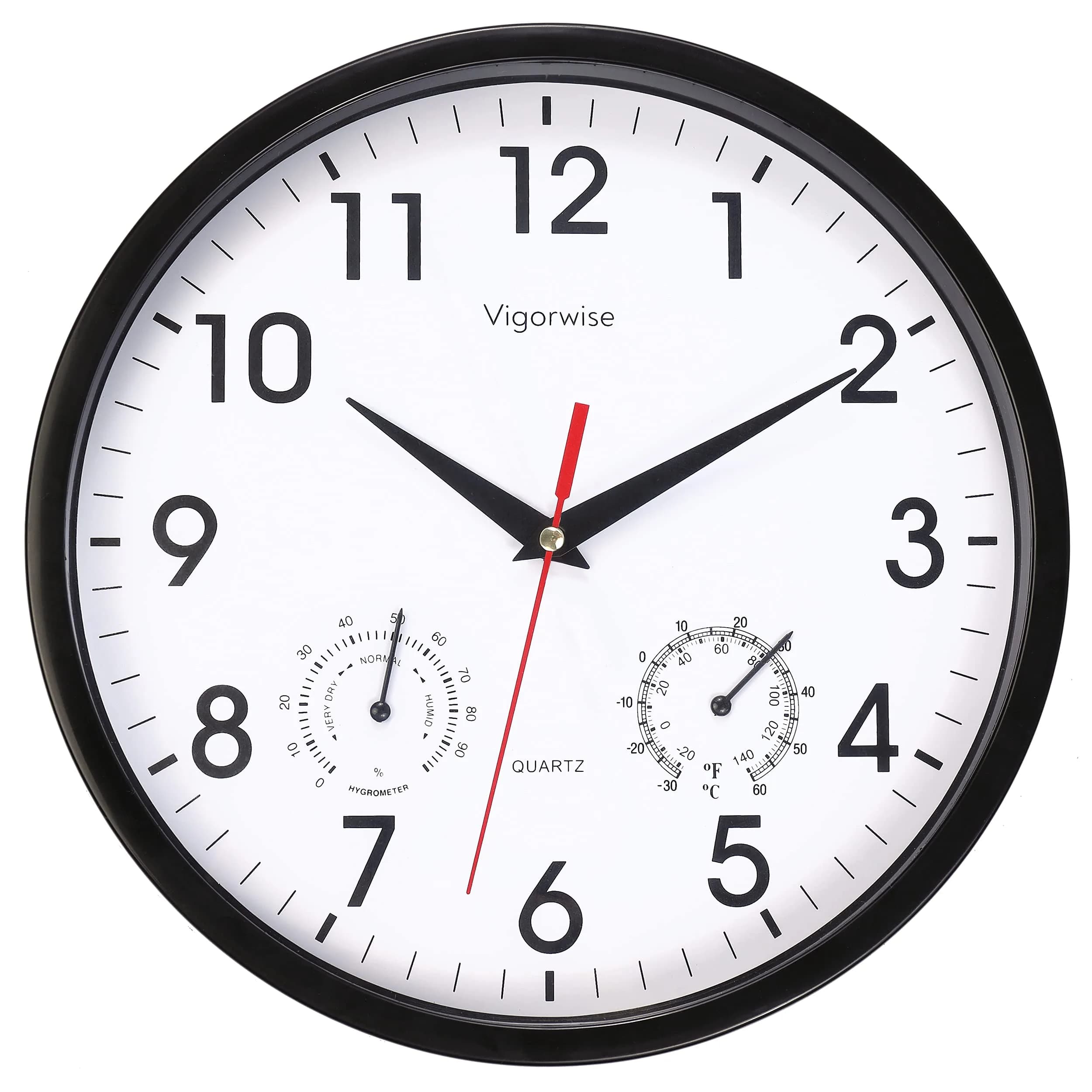 Vigorwise 8 Inch White Wall Clock Silent Wall Clocks with Temperature | Modern Home Decor with Thermo-Hygrometer — Black