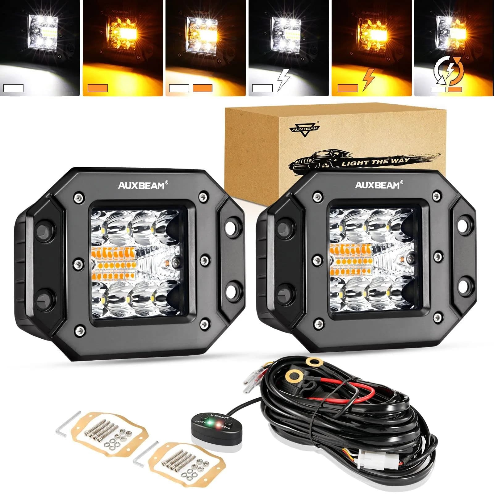 Auxbeam 5 Inch Pod Lights 72W White Amber Strobe Offroad Flush Mount Light | 6 Modes, IP68, Aluminum - main product image