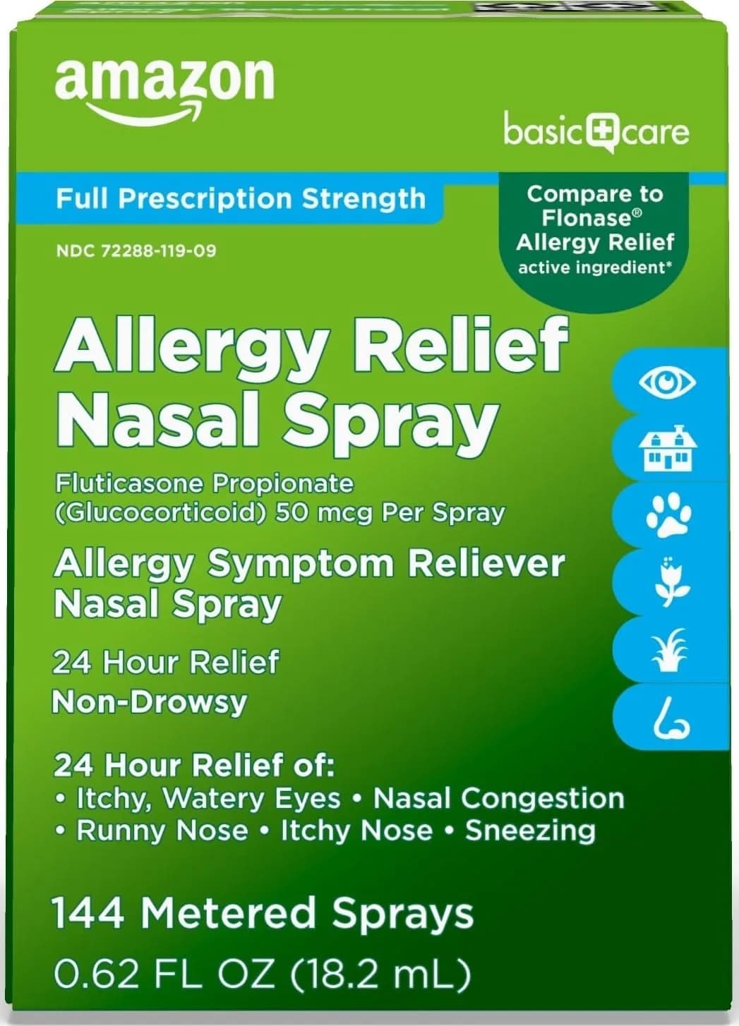 Amazon Basic Care 24-Hour Allergy Relief Nasal Spray 0.62 Fl Oz (18.3ml) | Fluticasone Propionate 50mcg Non-Drowsy