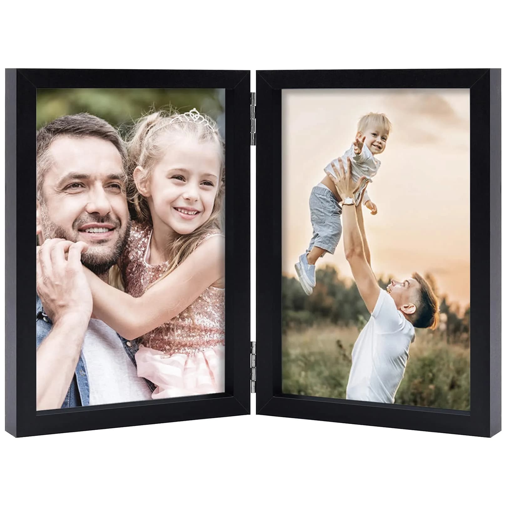 WUTL 4x6 Double Picture Frame MDF Wood with Real Glass Stand Vertical on Tabletop, Black | Elegant Family Memory Display