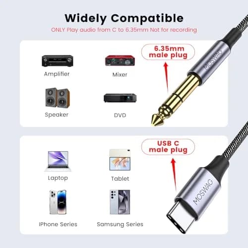MOSWAG USB-C to 6.35mm 1/4" TRS Stereo Audio Cable 1m (3.28ft) | Hi-Fi Sound Quality for Playback Only thumbnail 2