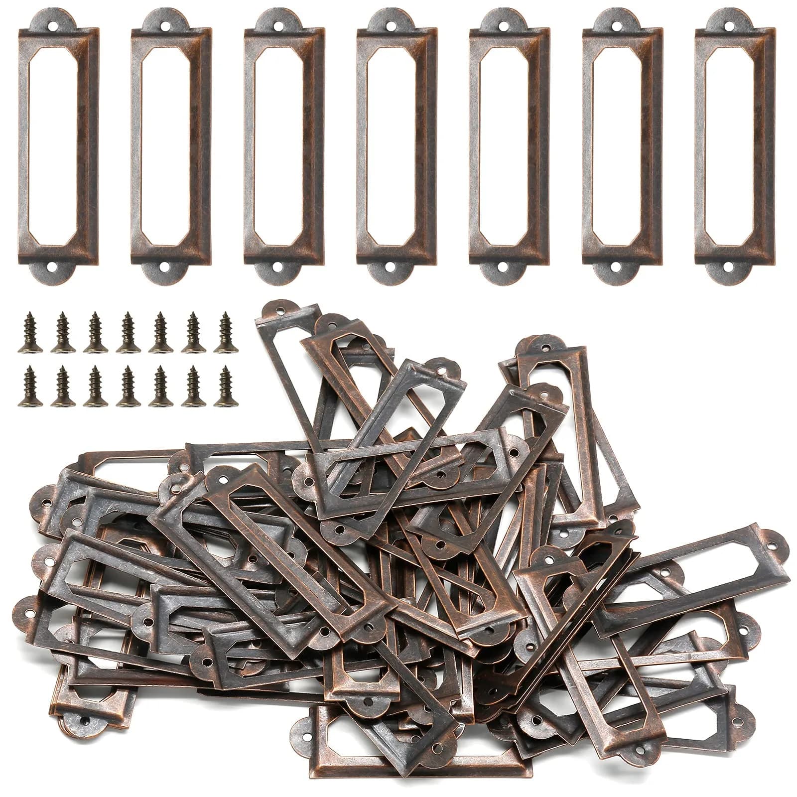 Qjaiune Metal Label Holders 60x17mm Red Bronze (2.36"x0.67") with Screws | Antique Copper Finish, Rust-Resistant, 50-Pack