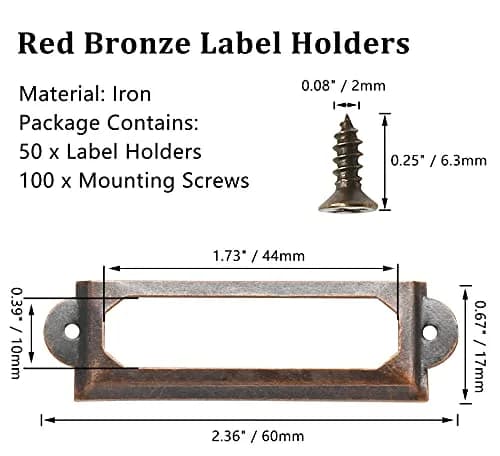 Qjaiune Metal Label Holders 60x17mm Red Bronze (2.36"x0.67") with Screws | Antique Copper Finish, Rust-Resistant, 50-Pack thumbnail 3