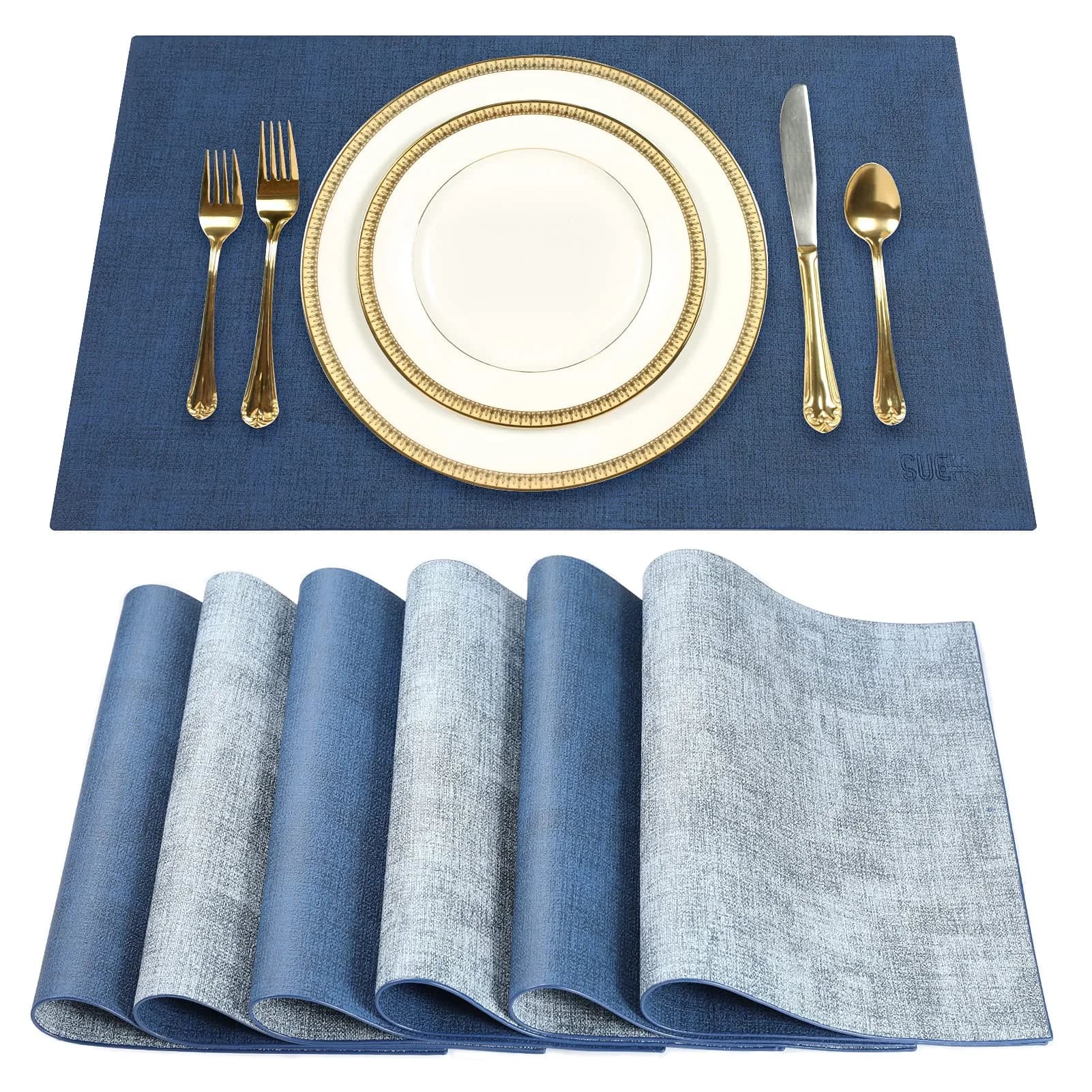 SUEH DESIGN Leather Placemats Set of 6 | Elegant Heat & Water Resistant Table Mats — A: Navy Blue & Light Blue