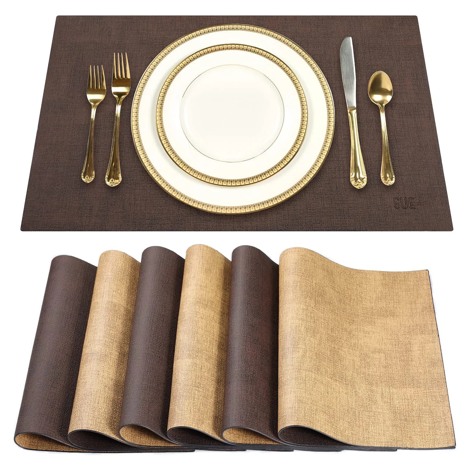 SUEH DESIGN Leather Placemats Set of 6 | Elegant Heat & Water Resistant Table Mats - main product image