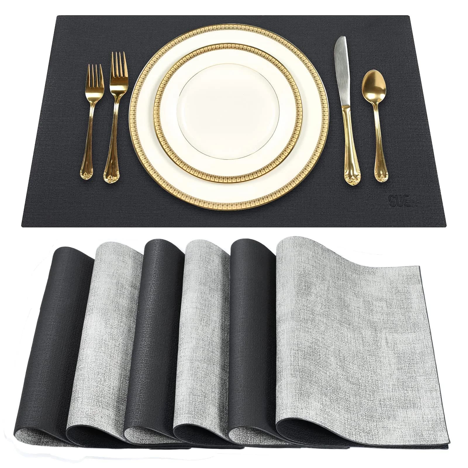 SUEH DESIGN Leather Placemats Set of 6 | Elegant Heat & Water Resistant Table Mats — B:black & Gray