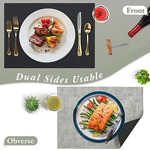 SUEH DESIGN Leather Placemats Set of 6, Black & Gray | Reversible Non-Slip Table Mats for Dining Kitchen thumbnail 2