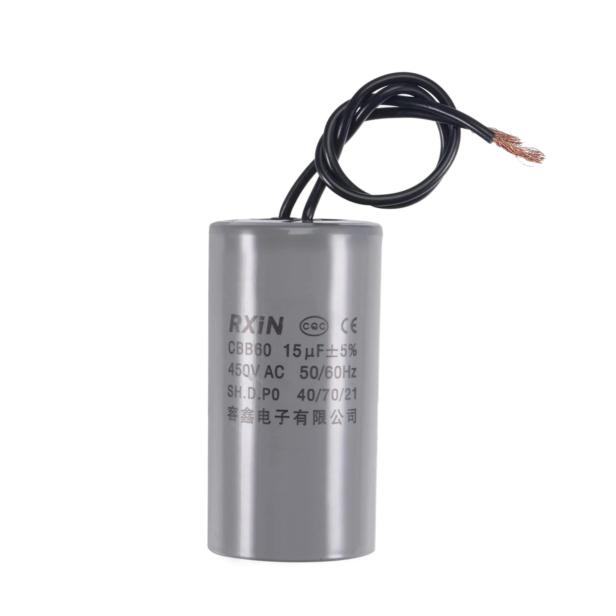 uxcell CBB60 Run Capacitor 15uF 450V AC 2 Wires Cylinder 74x38mm for Air Compressor Water Pump Motor | 15uF Polypropylene - main product image