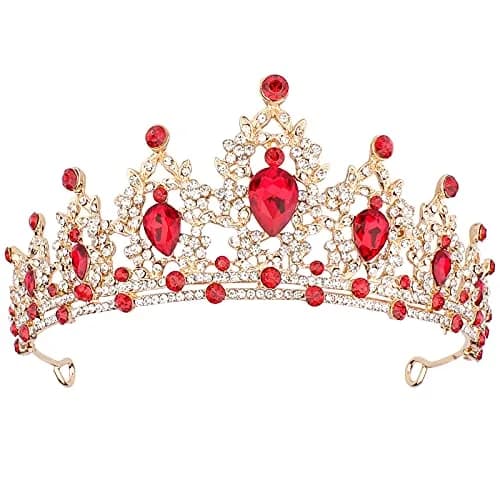 CAVETEE Gold Baroque Queen Crown for Women - Luxurious Red Rhinestones - Wedding, Prom, Christmas, Thanksgiving thumbnail 1
