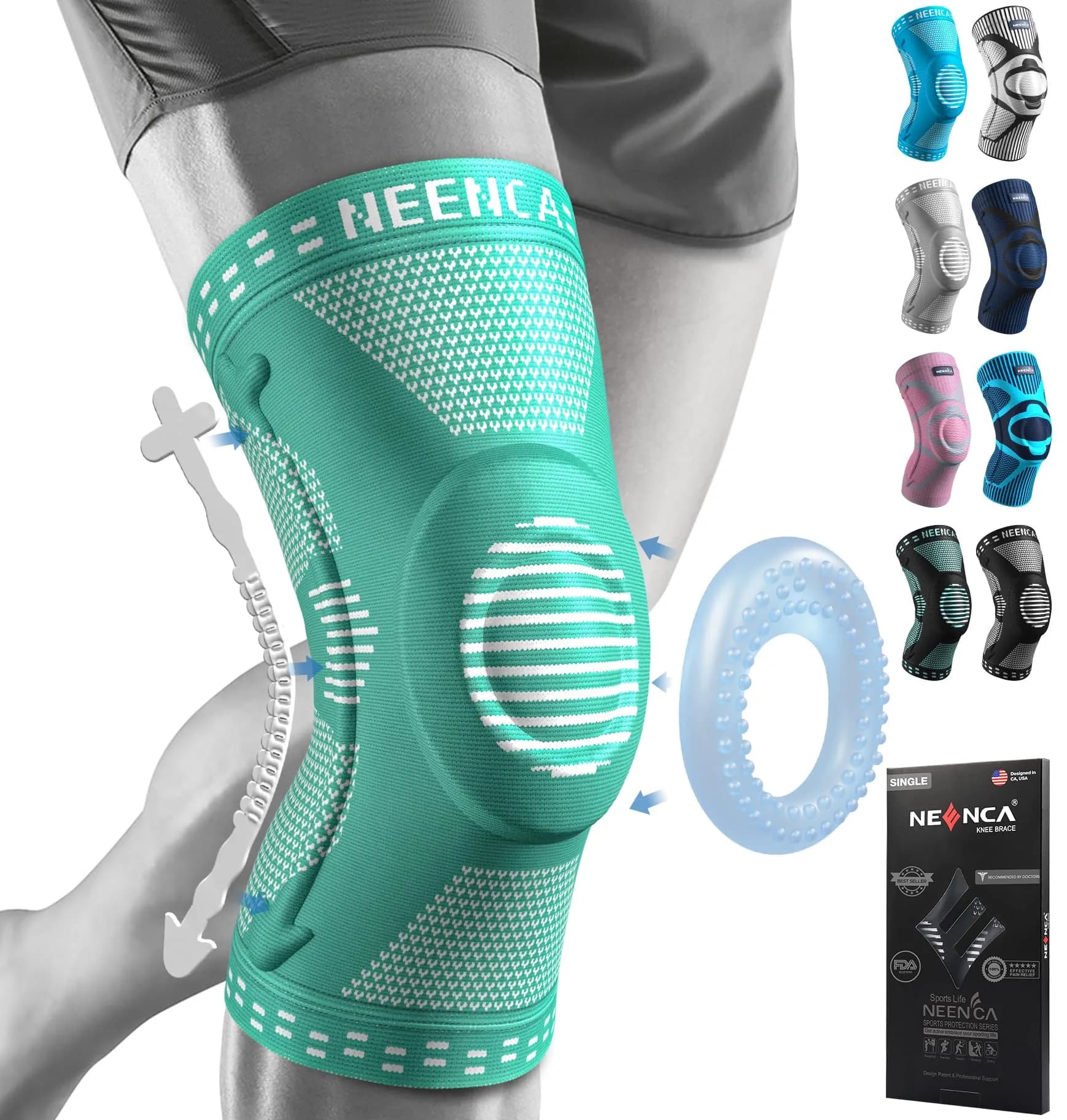 NEENCA Knee Brace for Knee Pain Relief, Compression Knee Sleeves with Patella Gel Pad & Side Stabilizers, Medical Grade Support for Weightlifting, Running, Arthritis, Meniscus Tear (Medium, Black) — Peacock-Blue