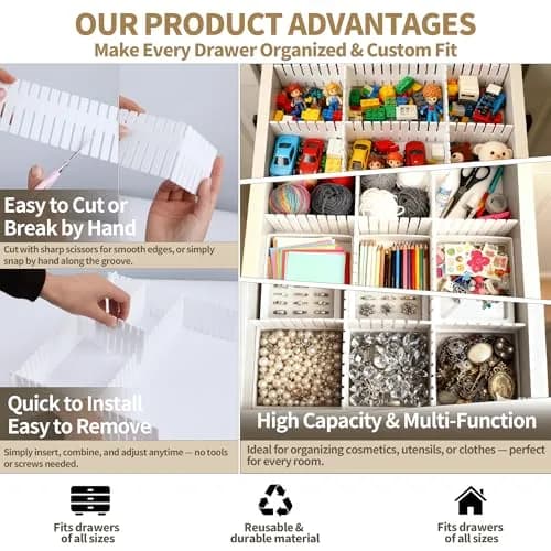 Bofoho Drawer Divider Adjustable Diy Storage Organizer Separator for Tidying Clutter Cutlery Makeup Clothes of Dresses, Desk & Box in Kitchen Bathroom Bedroom Office (White 32PCS) thumbnail 5