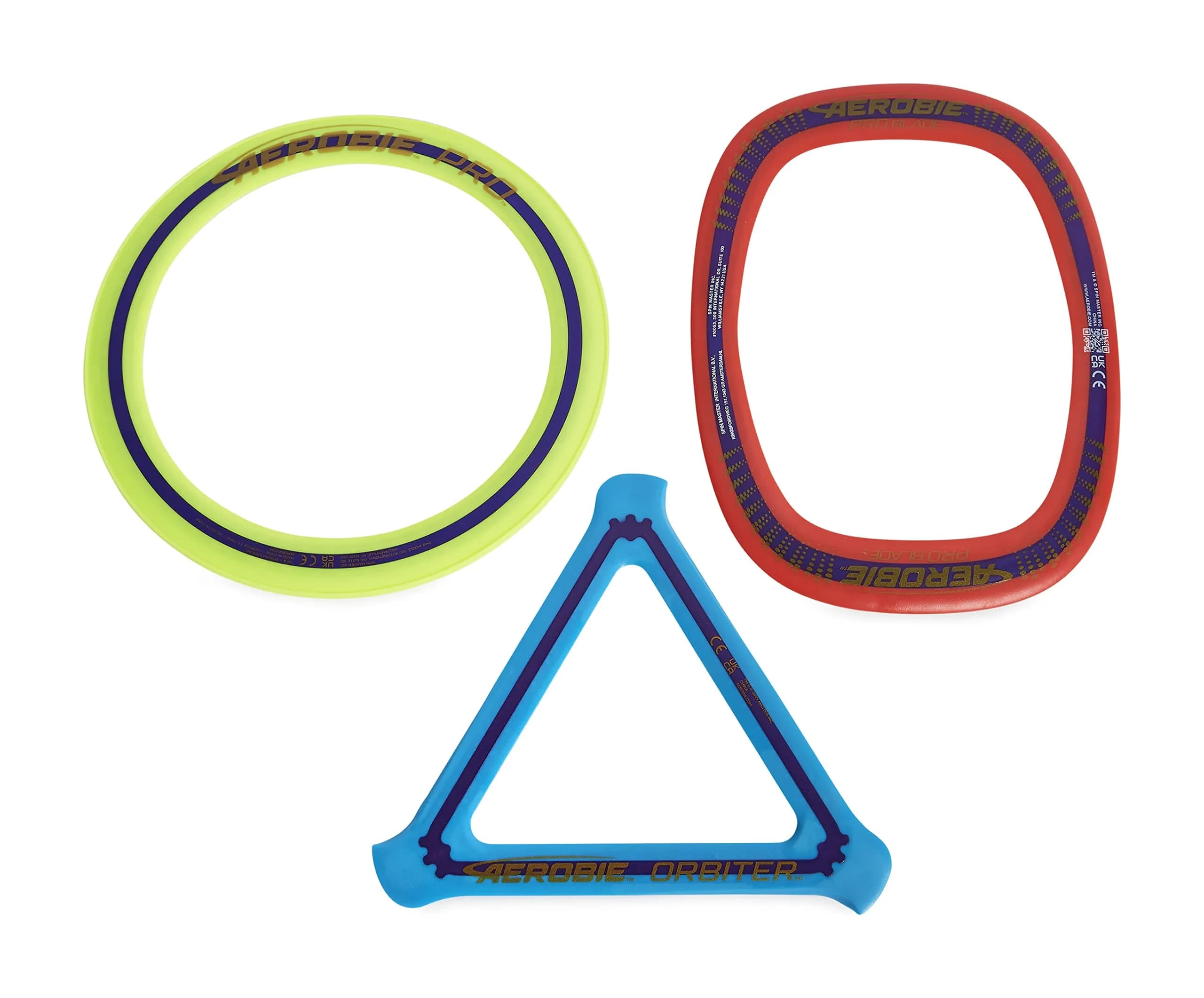 Aerobie 3-Piece Flying Ring Combo Pack with Pro Ring, Orbiter Boomerang, and Pro Blade, 3 Rings | World Record Distance & Self-Leveling Flight