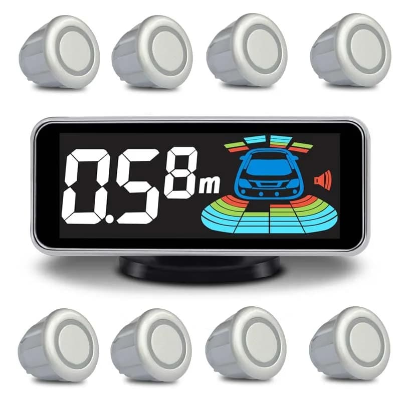 ELSNU 8-Sensor Parking Assist System with Digital Display & Voice Alerts, 12V DC | Front & Rear Detection — Silver