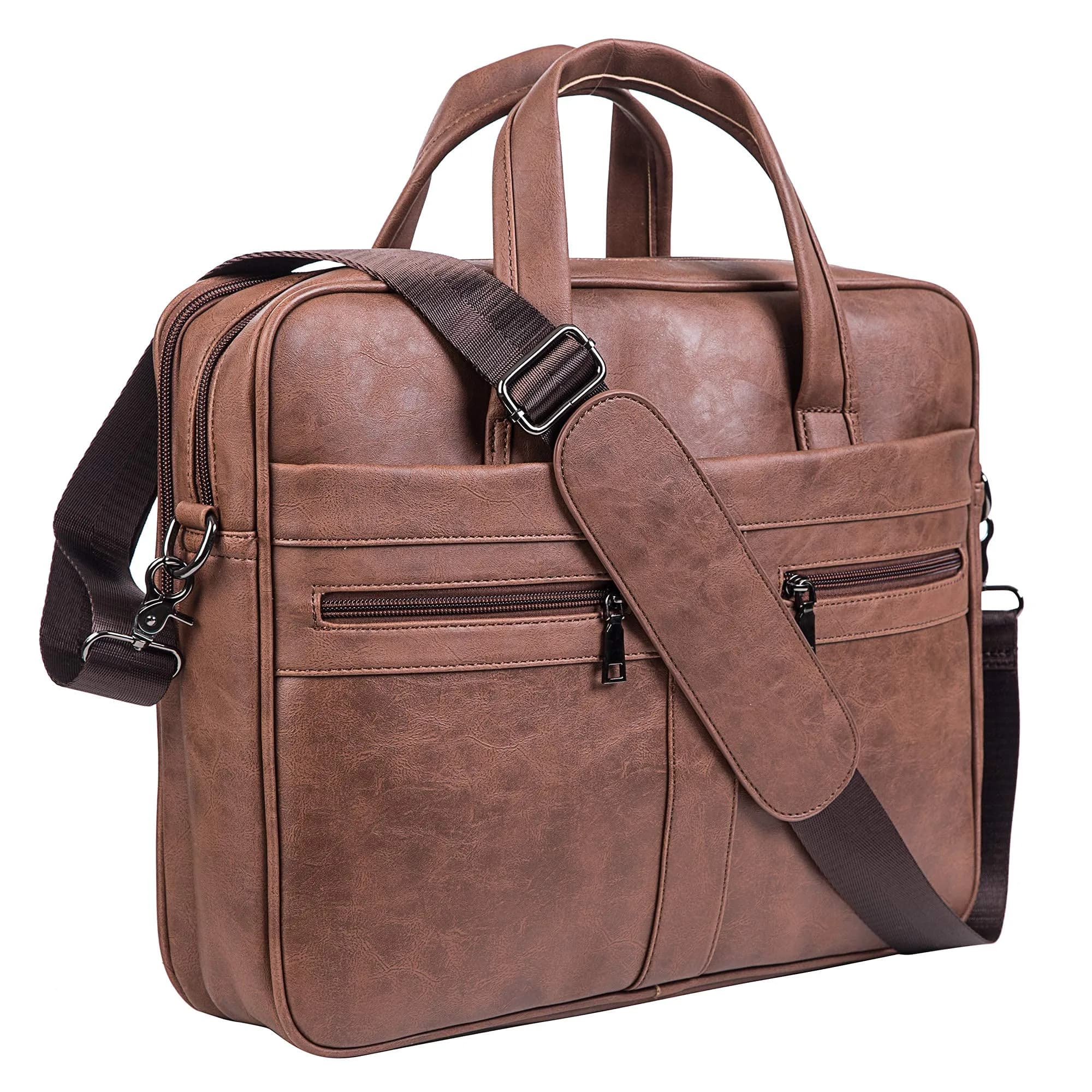 seyfocnia Men's Leather Messenger Bag 15.6 Inch Laptop | Water-Resistant PU Leather, Multiple Compartments, Adjustable Shoulder Strap — Brown
