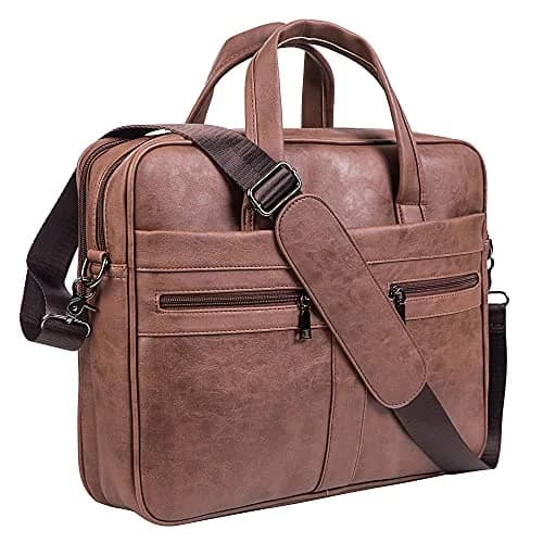 seyfocnia Men's 17.3 Inch Laptop Messenger Bag | Brown PU Leather Business Satchel with 9 Pockets thumbnail 1