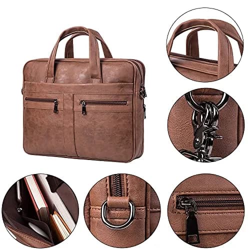 seyfocnia Men's 17.3 Inch Laptop Messenger Bag | Brown PU Leather Business Satchel with 9 Pockets thumbnail 5