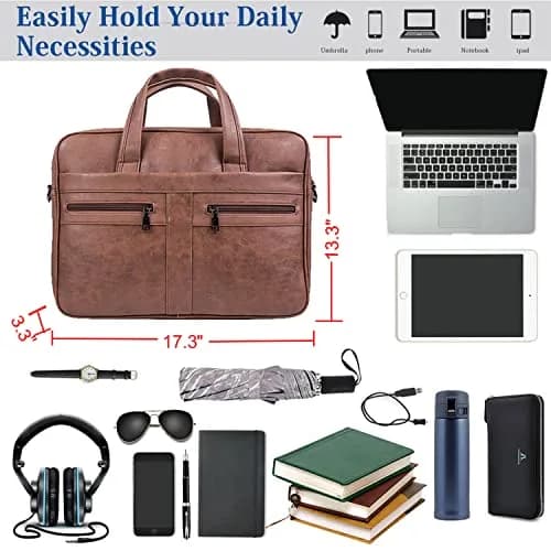 seyfocnia Men's 17.3 Inch Laptop Messenger Bag | Brown PU Leather Business Satchel with 9 Pockets thumbnail 3
