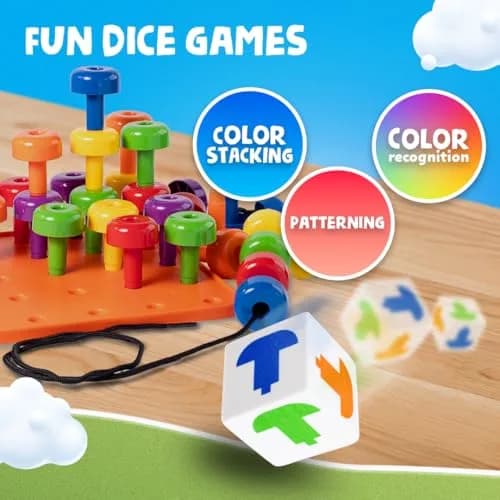 Skoolzy Peg Board Set Montessori 33 Pc Plastic Pegs Dice Lacing | Educational STEM Toy for Kids 2+ Years thumbnail 6