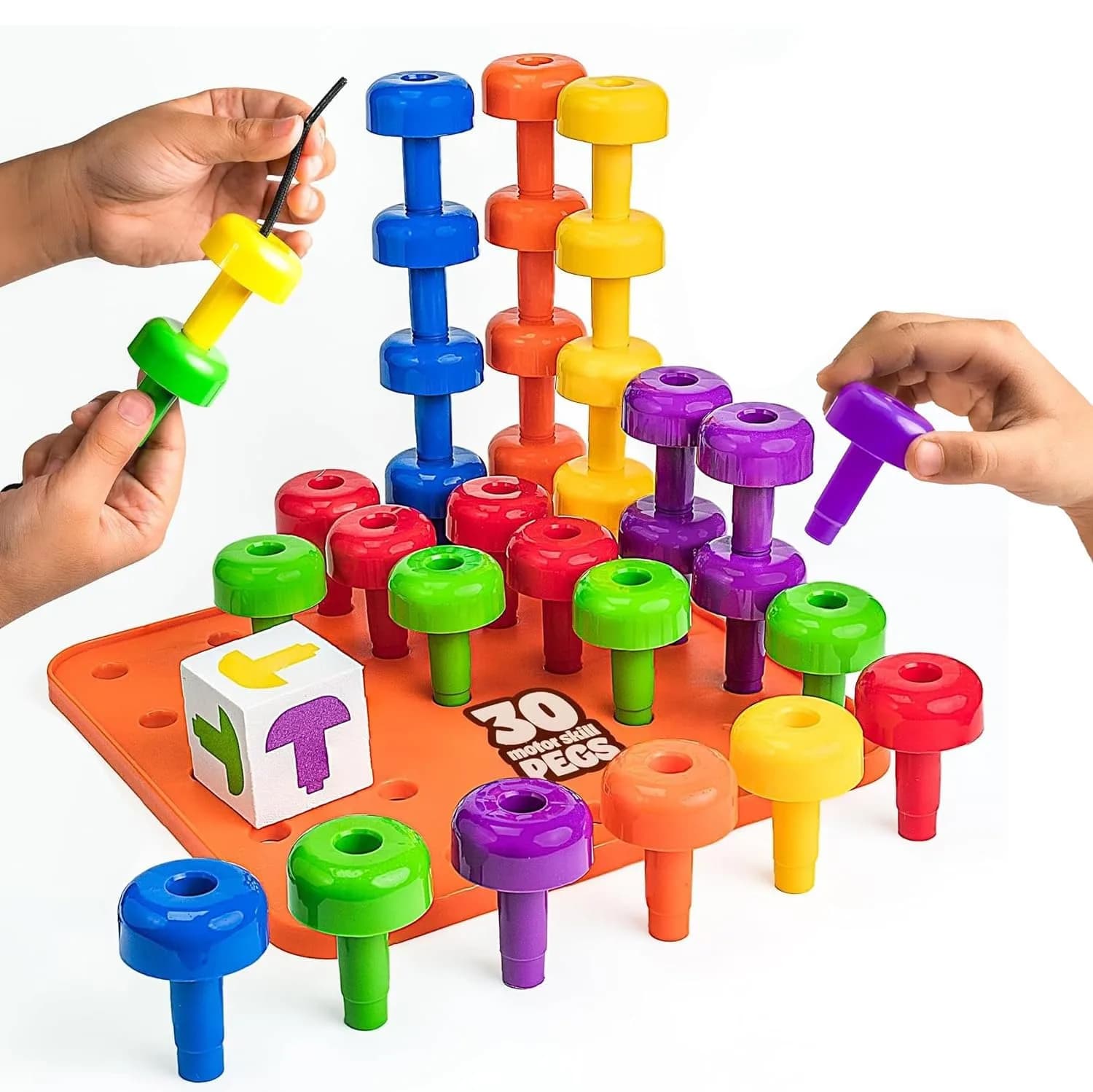 Skoolzy Peg Board Set Montessori 33 Pc Plastic Pegs Dice Lacing | Educational STEM Toy for Kids 2+ Years - main product image