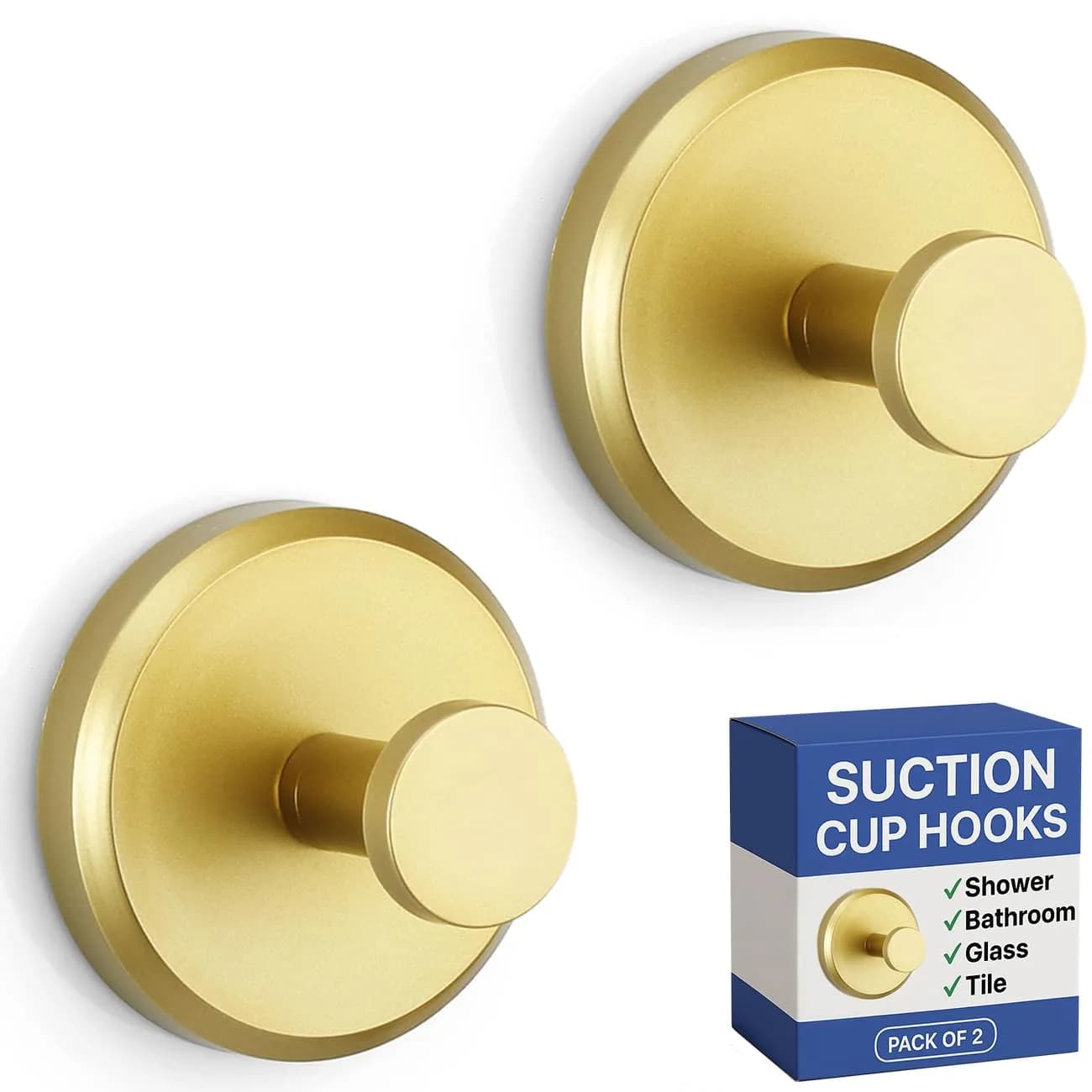 HOME SO Suction Cup Hooks for Shower & Bathroom Towel Holder 2-Pack Brushed Gold | Heavy Duty Vacuum Grip for Tile & Glass