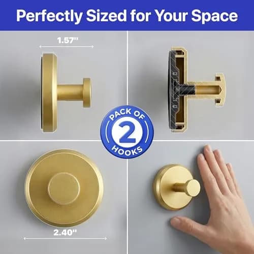 HOME SO Suction Cup Hooks for Shower & Bathroom Towel Holder 2-Pack Brushed Gold | Heavy Duty Vacuum Grip for Tile & Glass thumbnail 8