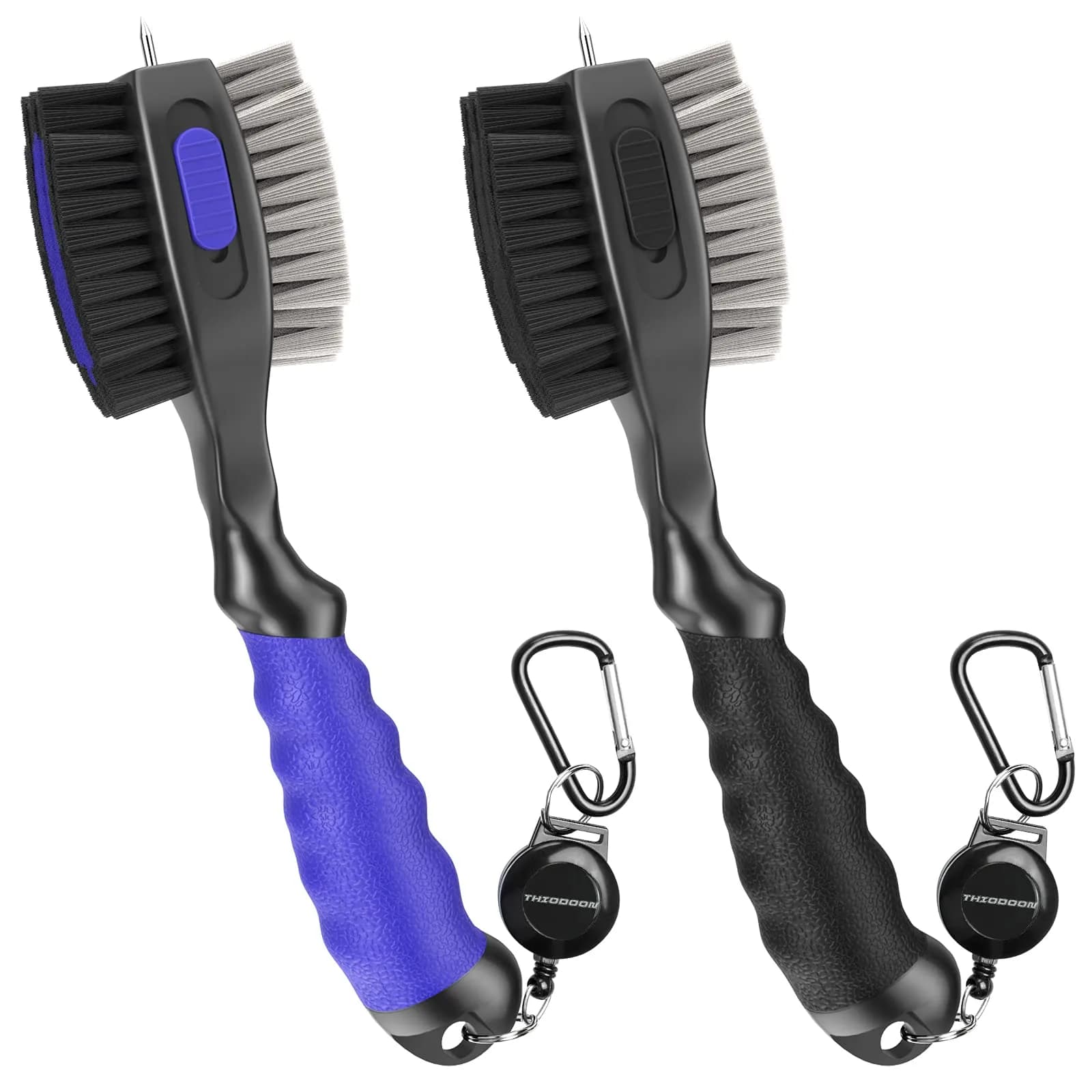 THIODOON Golf Club Brush and Groove Cleaner 2 Pack with 2 ft Retractable Zipline Carabiner, Oversized Brush Head, Black & Blue