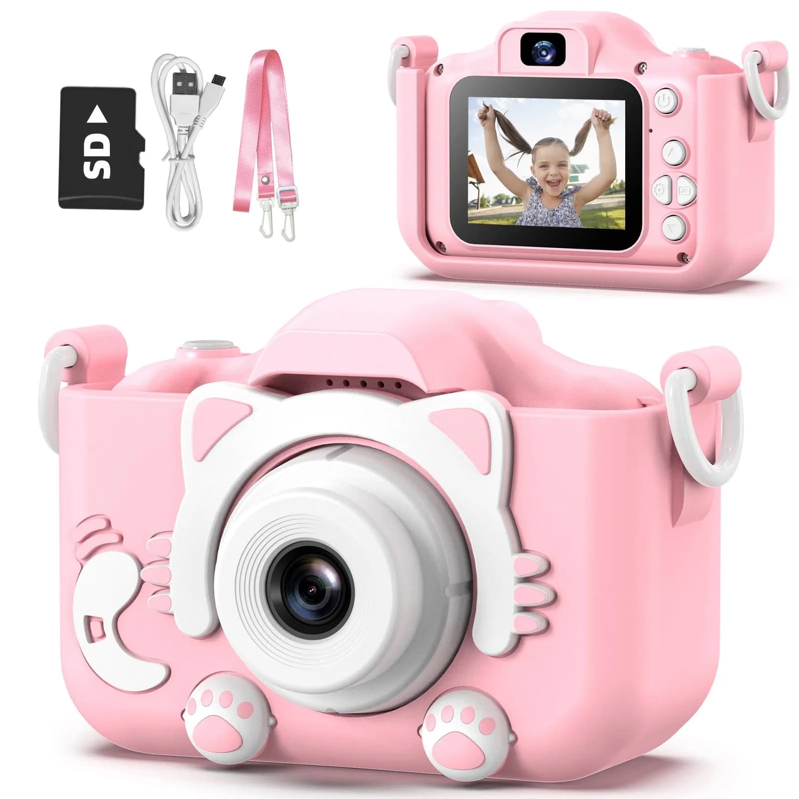 Goopow Kids Digital Camera Pink-Cat | 1080P HD Video, 8X Digital Zoom, 32GB SD Card Included