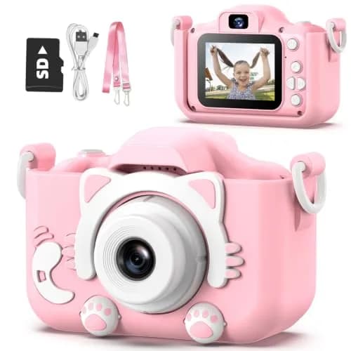 Goopow Kids Digital Camera Pink-Cat | 1080P HD Video, 8X Digital Zoom, 32GB SD Card Included thumbnail 1