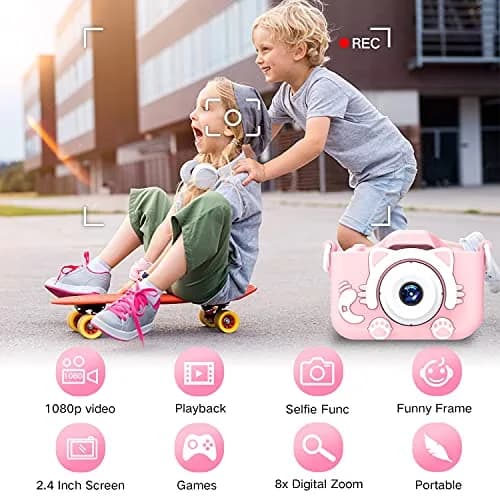 Goopow Kids Digital Camera Pink-Cat | 1080P HD Video, 8X Digital Zoom, 32GB SD Card Included thumbnail 3