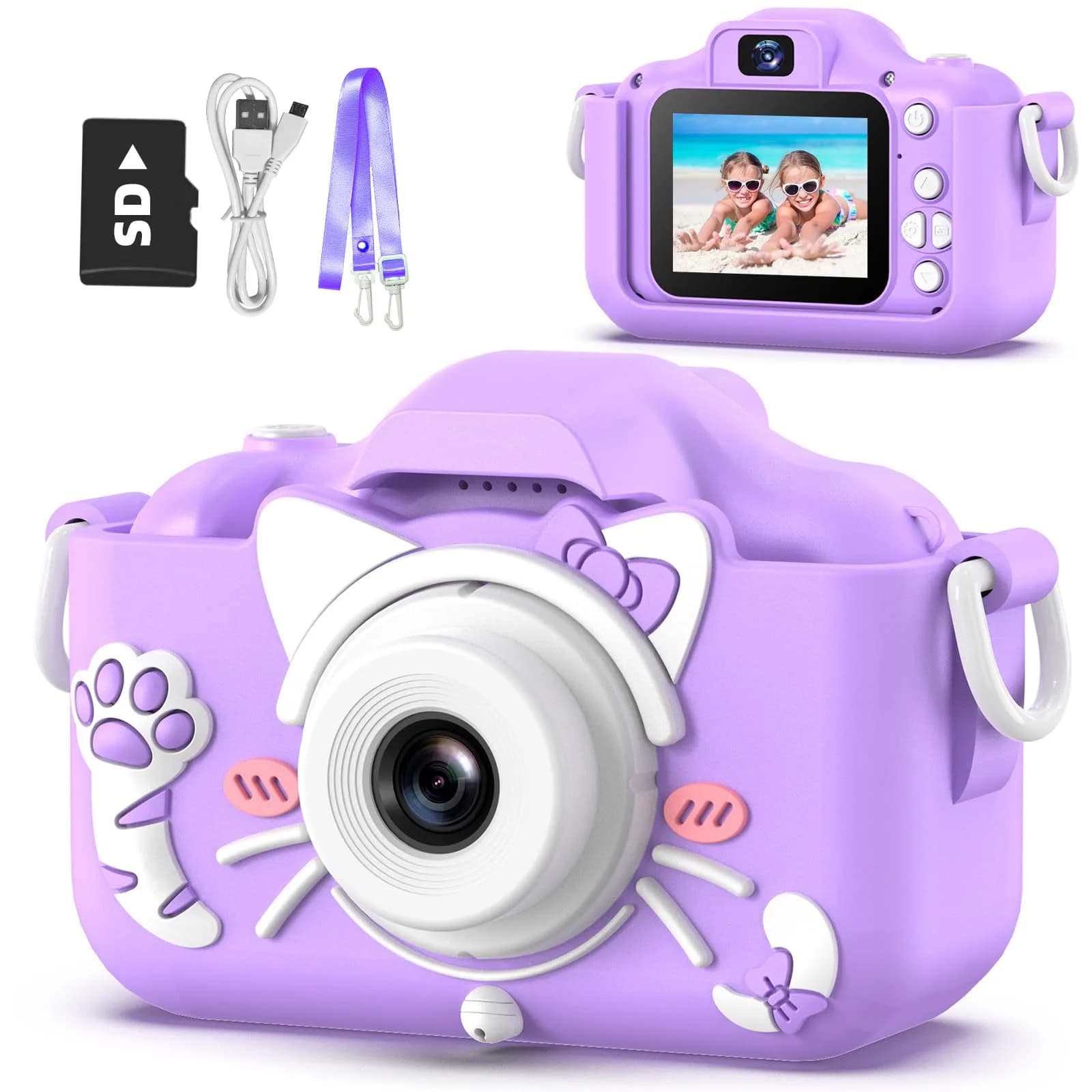 Goopow Kids Digital Camera Purple-Cat | 12MP (1440x1080) HD Video, 8x Digital Zoom, 2" LCD Screen, 32GB Card Included