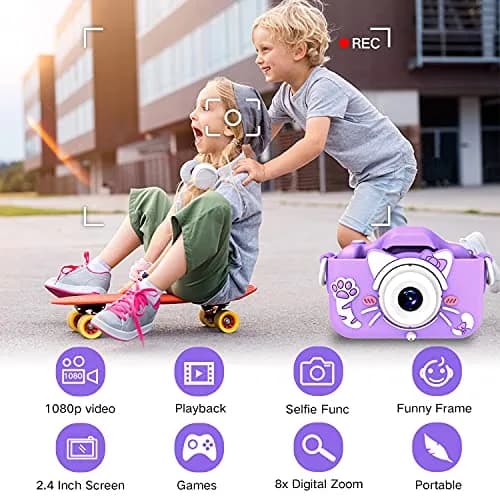 Goopow Kids Digital Camera Purple-Cat | 12MP (1440x1080) HD Video, 8x Digital Zoom, 2" LCD Screen, 32GB Card Included thumbnail 3