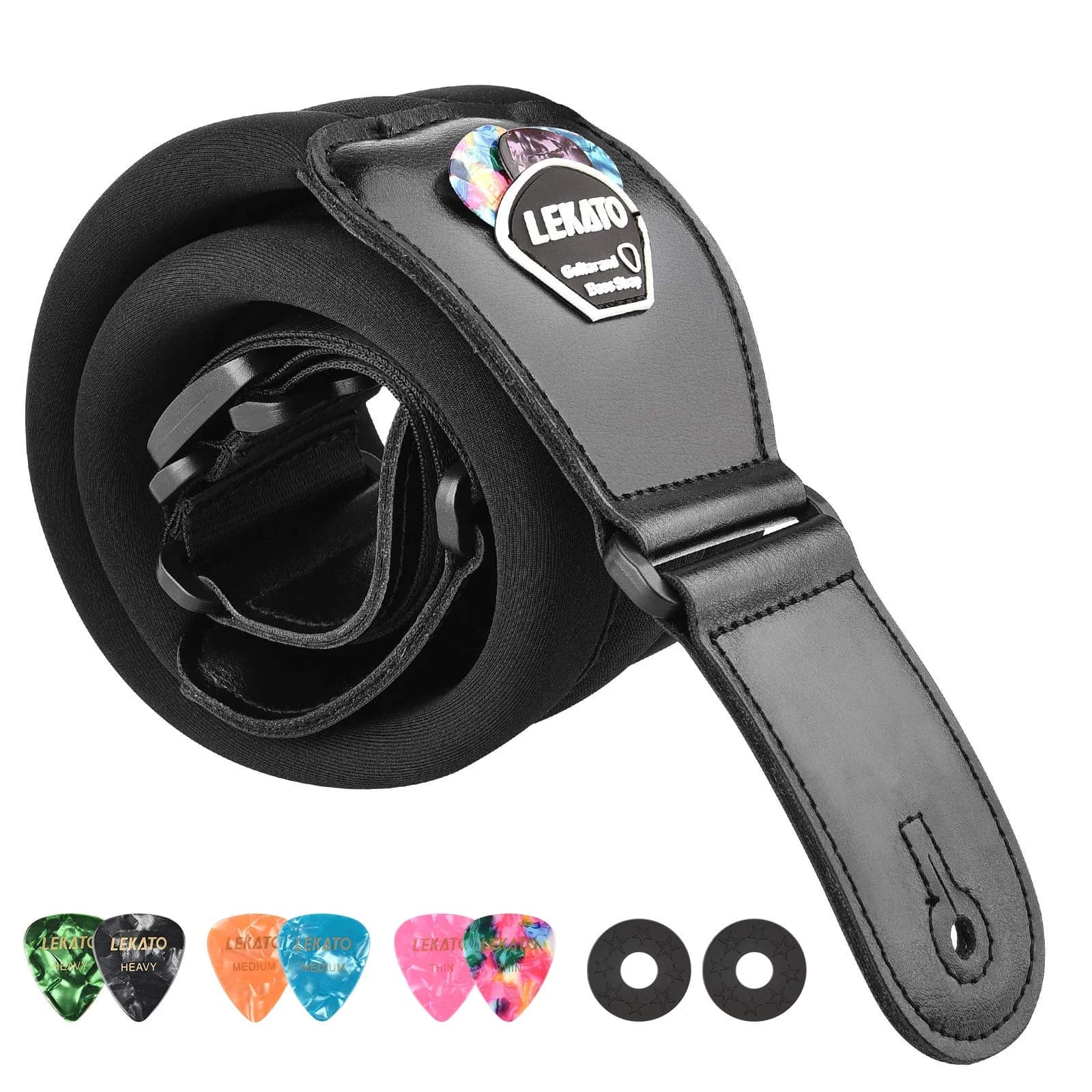 LEKATO 3" Wide Memory Foam Bass Guitar Strap 127-155cm (50"-61") | Padded, Adjustable, Pick Holder & Strap Locks — Black
