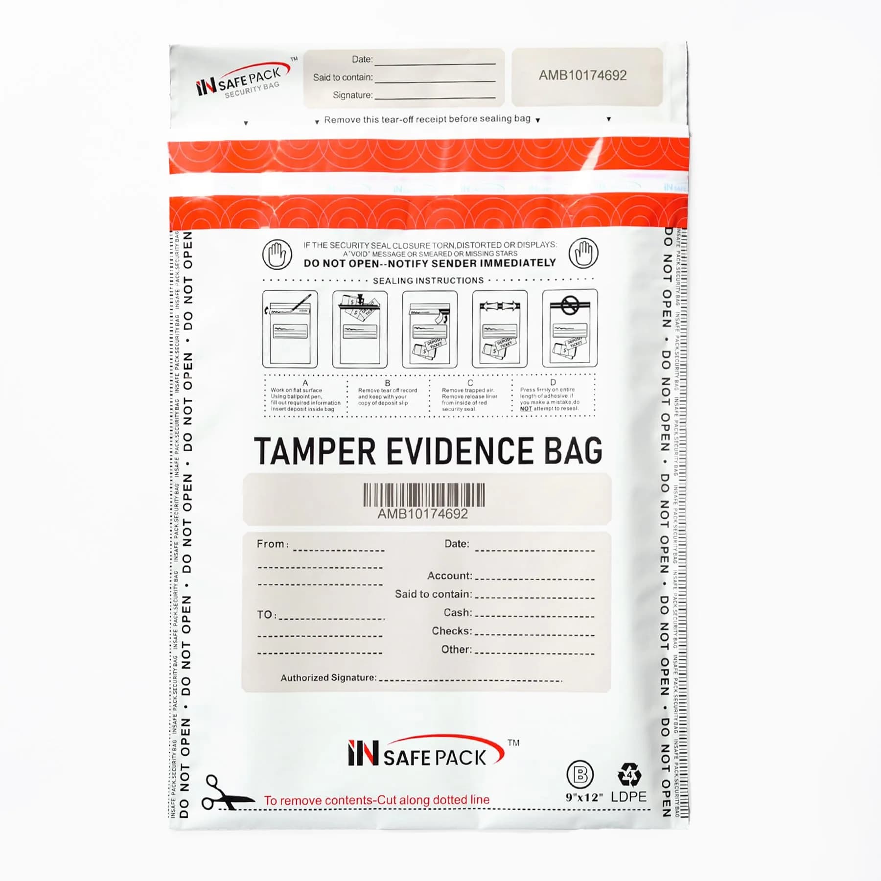 IN SAFE PACK 9"x12" Tamper Evident Deposit Bags (100 Count) | High Security Self-Seal Plastic Bags - main product image