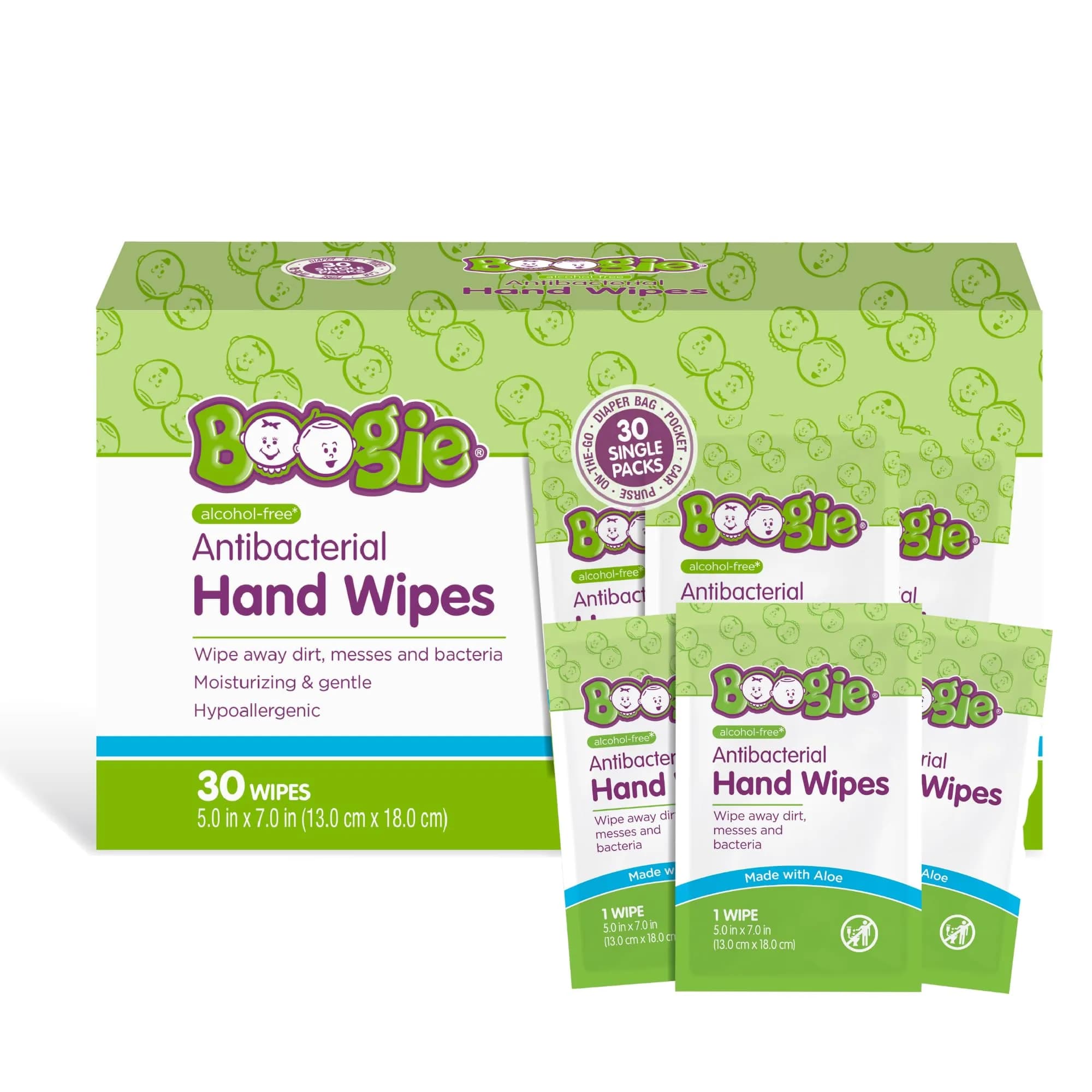 Boogie Antibacterial Hand Wipes 30 Count | Alcohol-Free, Hypoallergenic, Moisturizing for All Skin Types - main product image