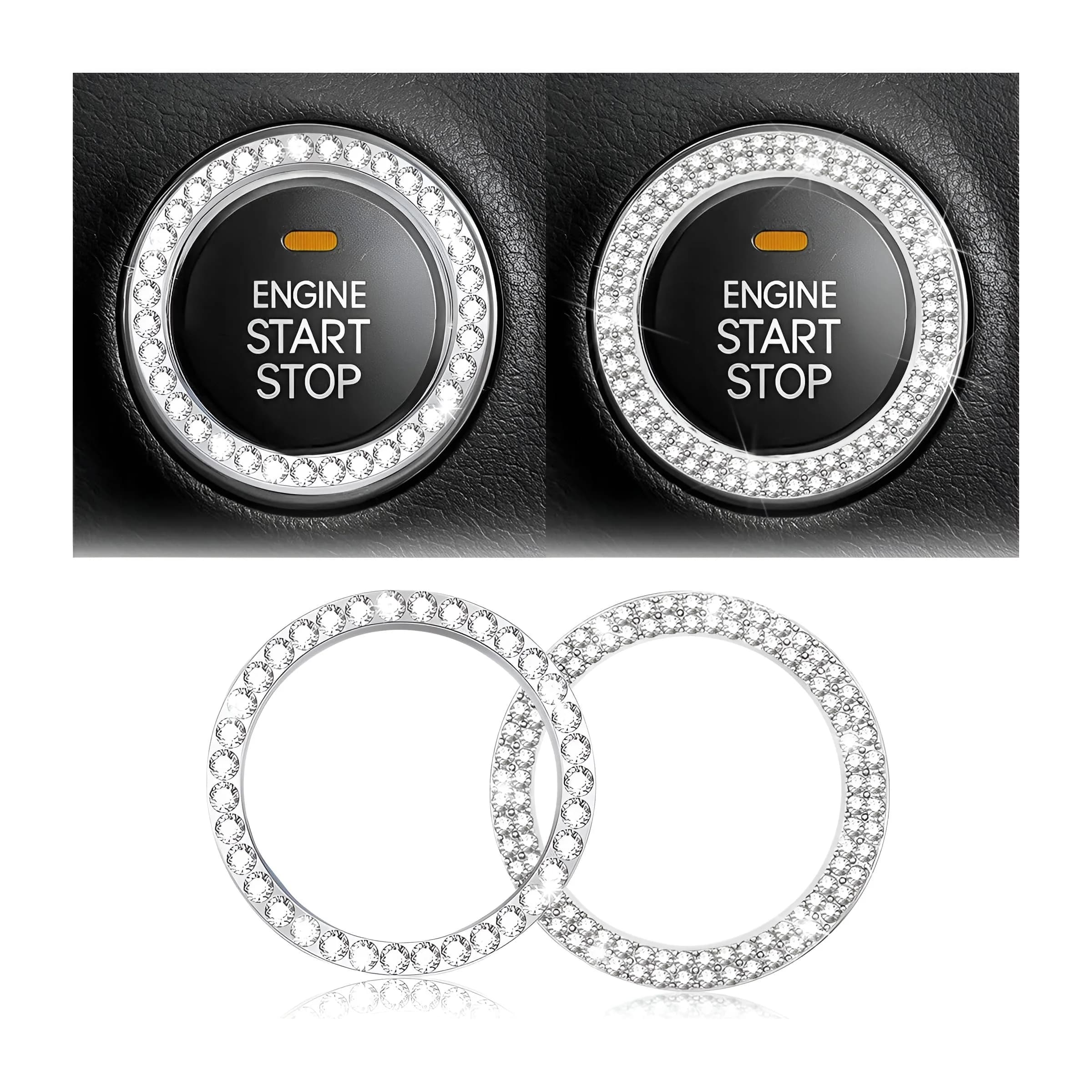 AUKEPO Car Start Button Ring Stickers, Double Silver | Sparkling Interior Decor, Universal Fit — Set Silver