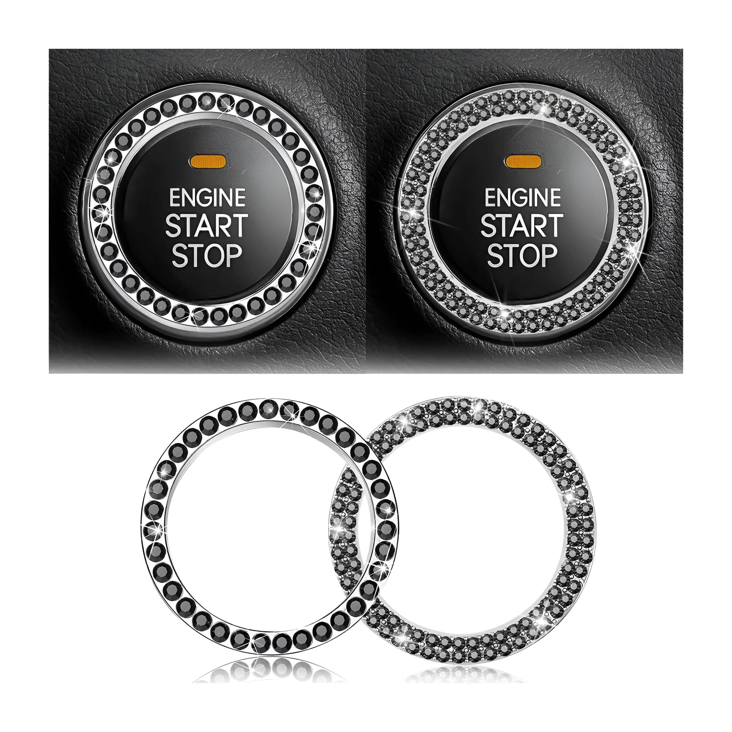 AUKEPO Car Start Button Ring Stickers, Double Silver | Sparkling Interior Decor, Universal Fit — Set Black