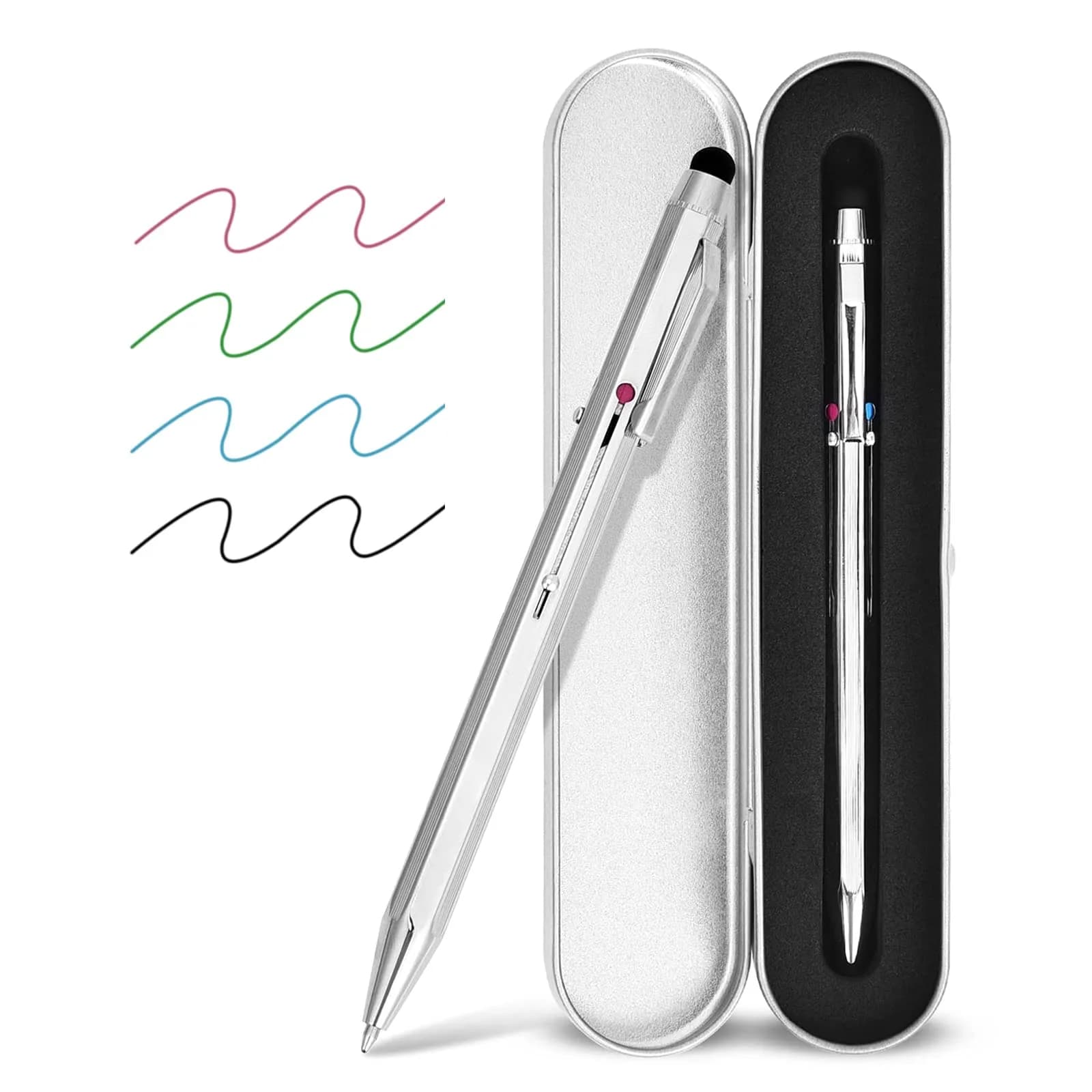 smttw 5-in-1 Stylus Pen & Ballpoint Pen Set with Metal Gift Box, Silver | Smooth Ink Flow